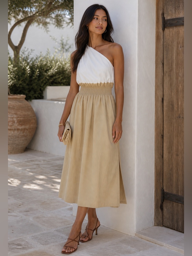 Sovere Reserve Latte One-Shoulder Smocked Waist Cotton Midi Dress Medium New Nwt